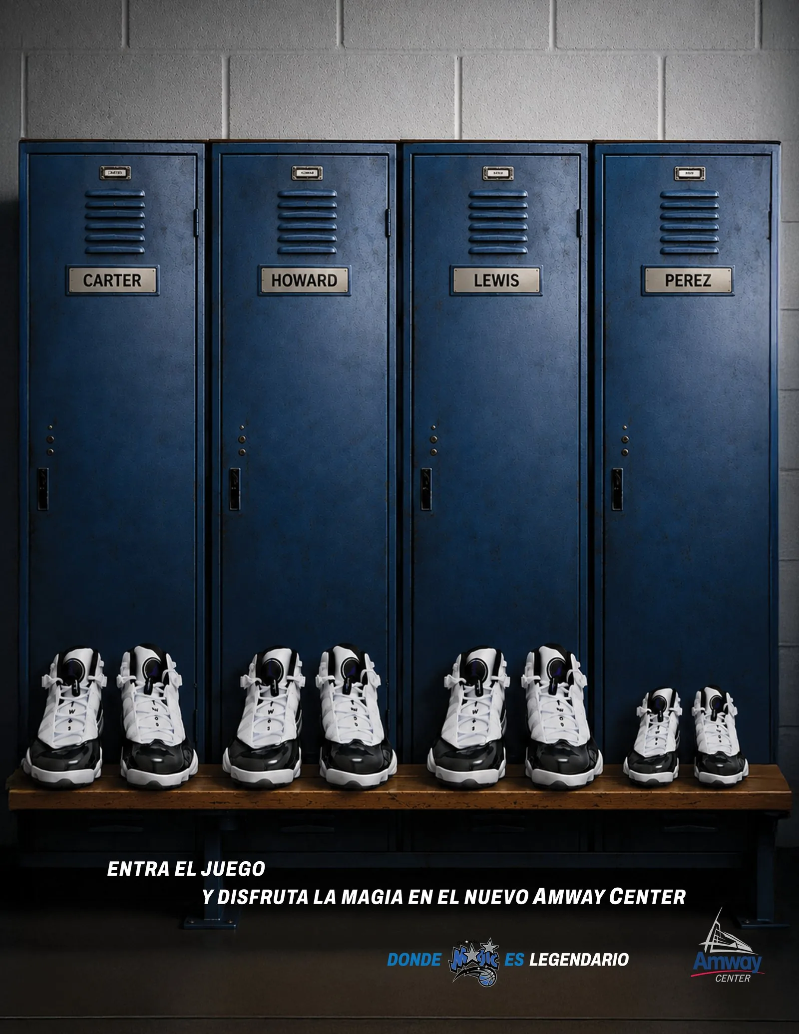 Spanish-language Orlando Magic print ad: giant game sneakers beneath lockers labeled Carter, Howard, Lewis and Perez, the last pair fan-sized, under the line Entra el juego y disfruta la magia en el nuevo Amway Center