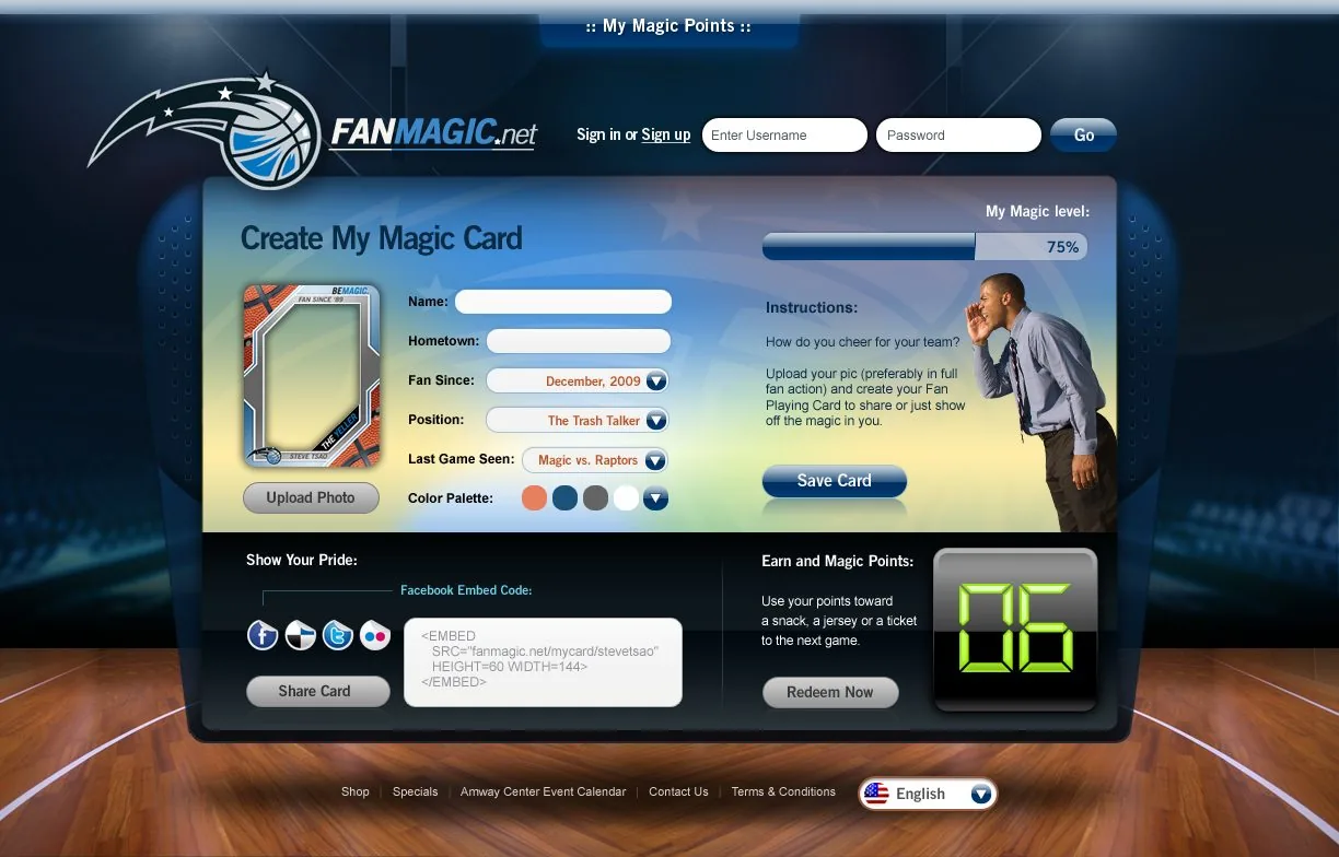 FanMagic.net Create My Magic Card screen with fan profile fields, photo upload and a Facebook embed code