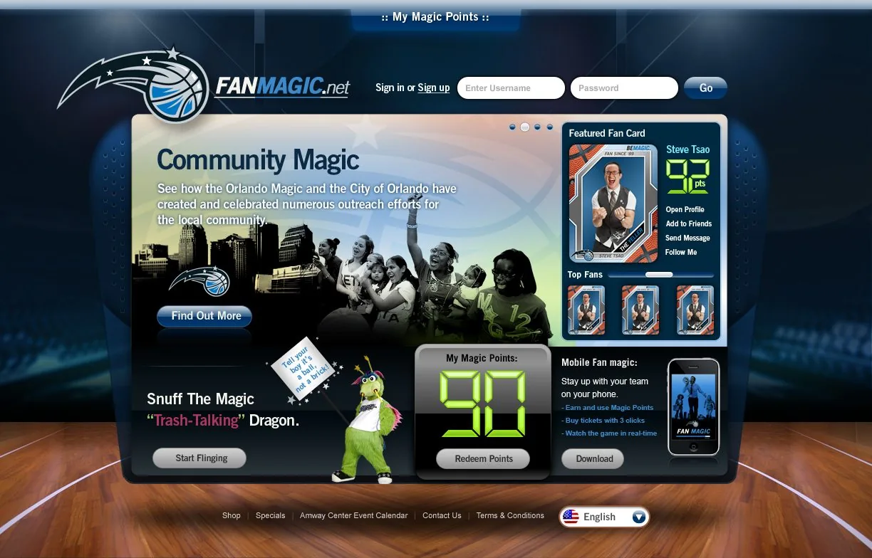 FanMagic.net homepage design with a Community Magic feature, Featured Fan Card, My Magic Points counter and the team mascot