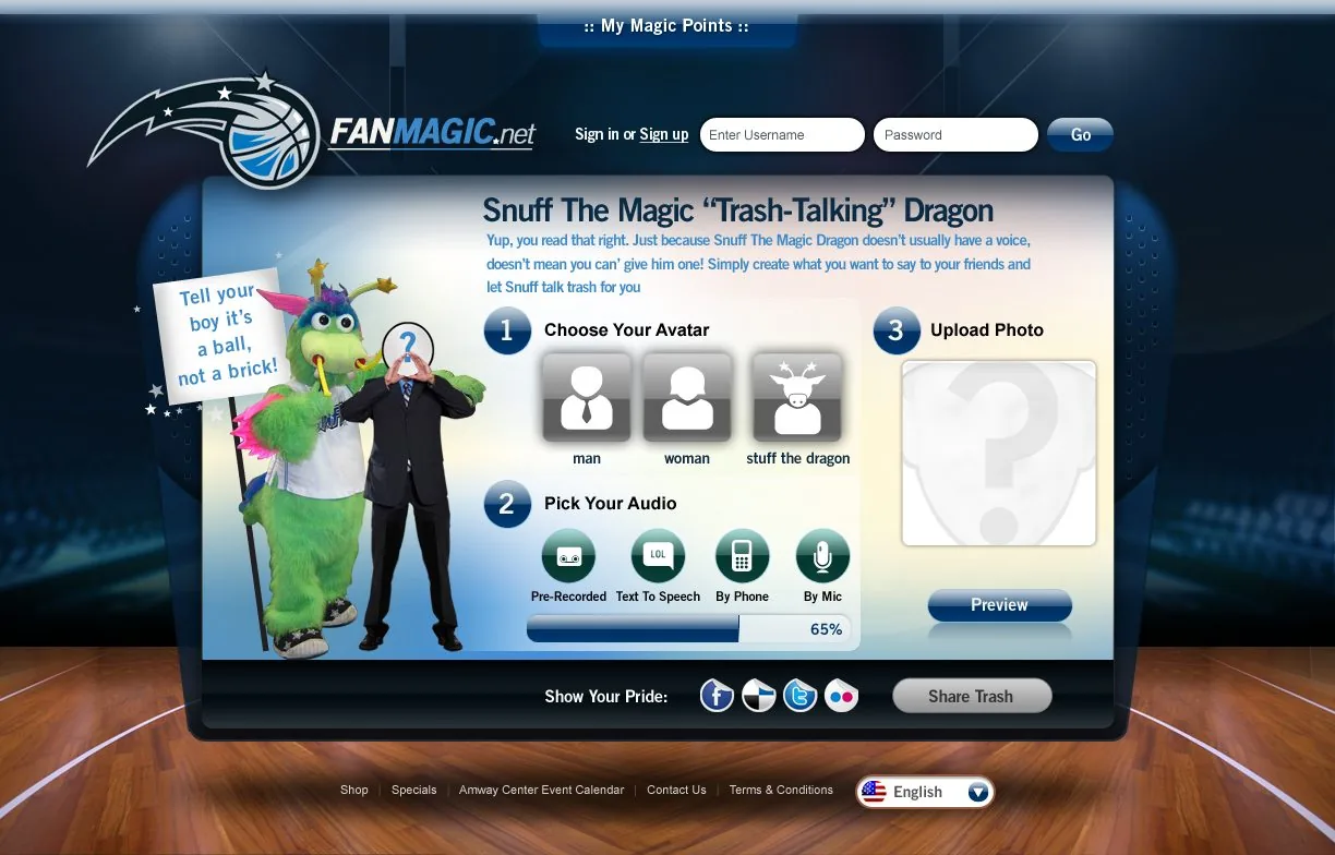 FanMagic.net trash-talking page where fans choose an avatar, pick audio and upload a photo beside the mascot