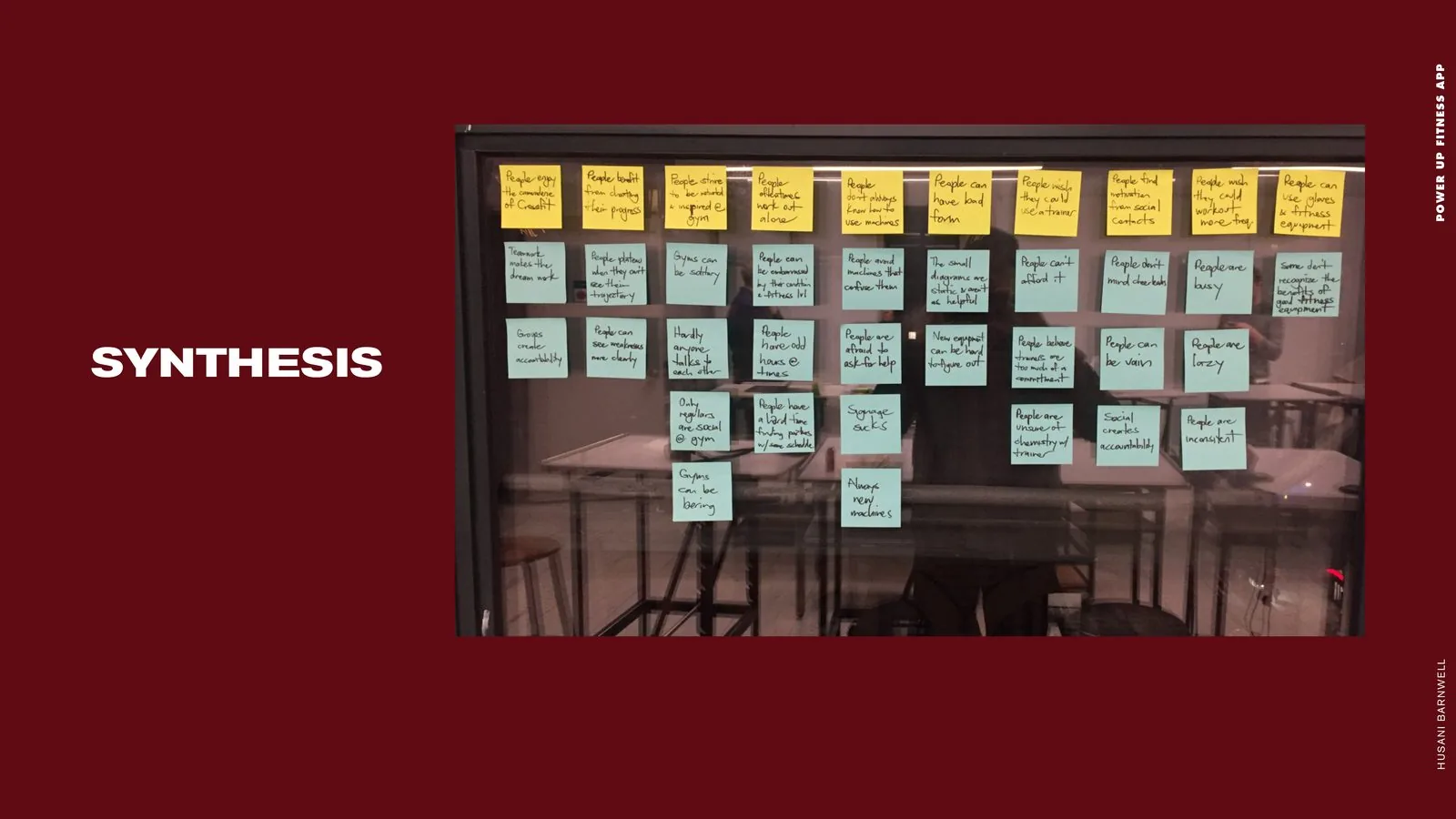 POWER UP Fitness product design: synthesis wall of interview sticky notes clustered under yellow theme headers on a glass partition