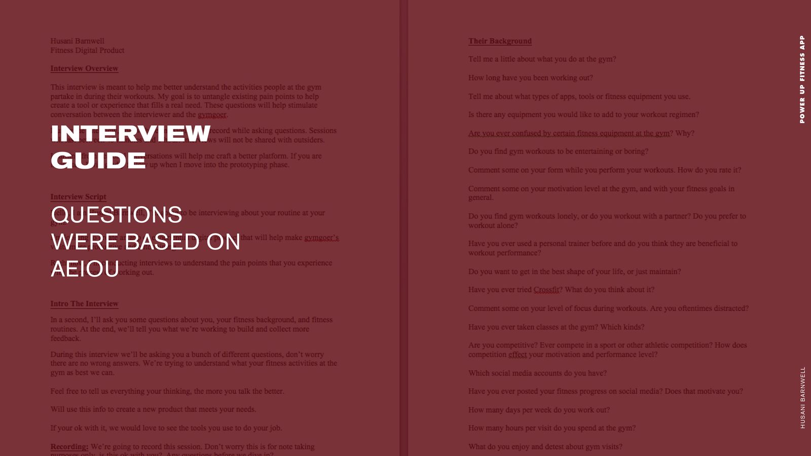 POWER UP Fitness product design: interview guide slide showing the full interview script and AEIOU-based questions