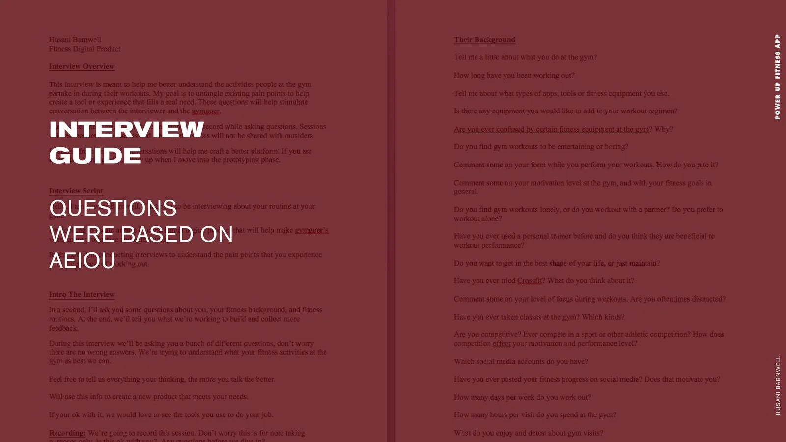 POWER UP Fitness product design: interview guide slide showing the full interview script and AEIOU-based questions