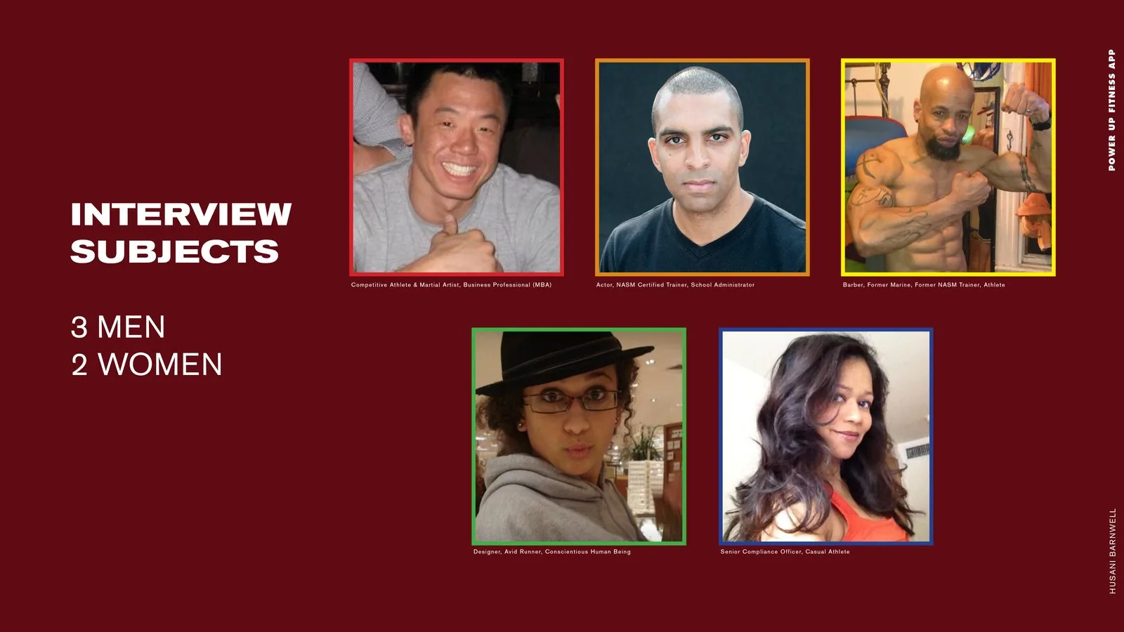 POWER UP Fitness product design: interview subjects slide with photos of five gymgoers, three men and two women