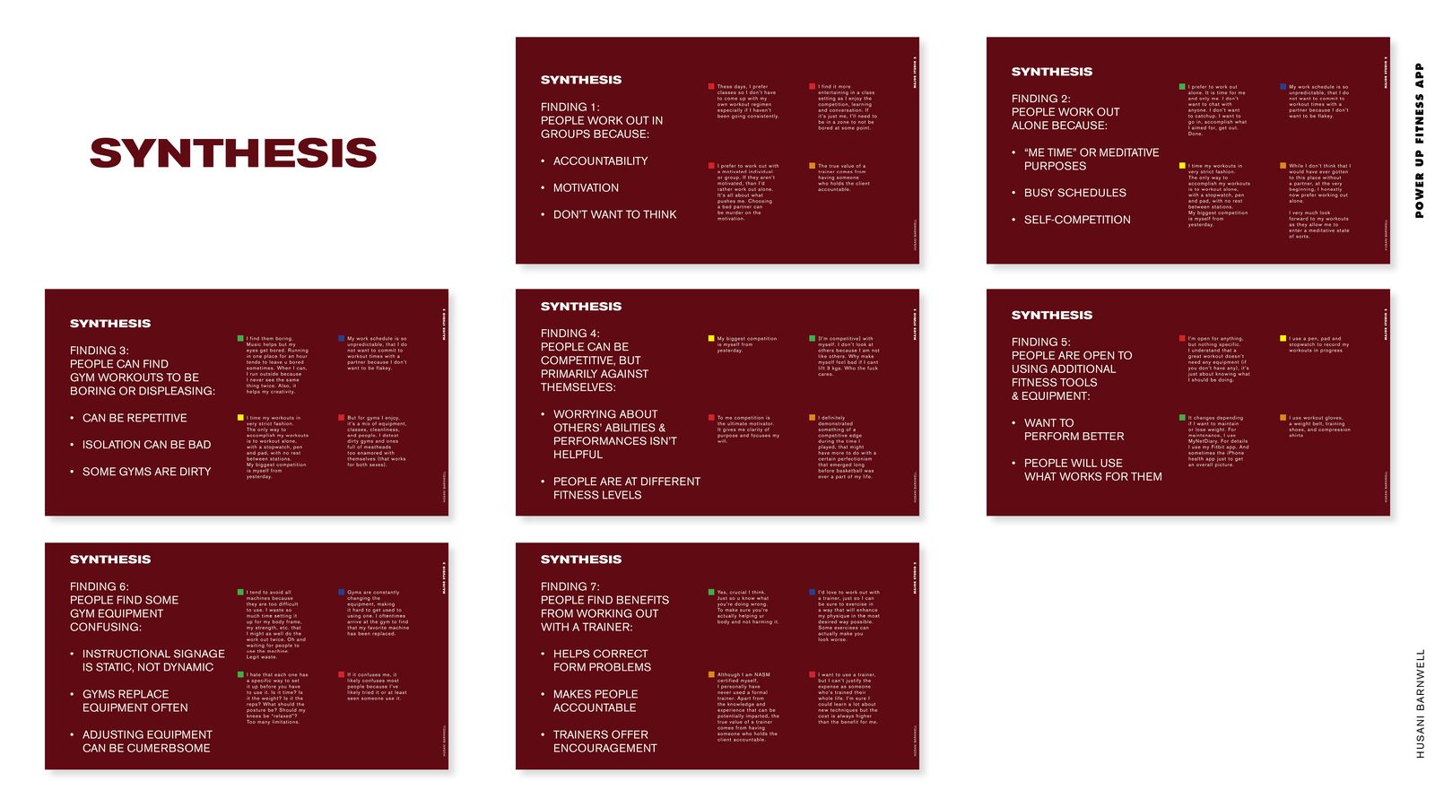 POWER UP Fitness product design: synthesis slide of seven research finding cards on group workouts, solo training, competitiveness and trainers