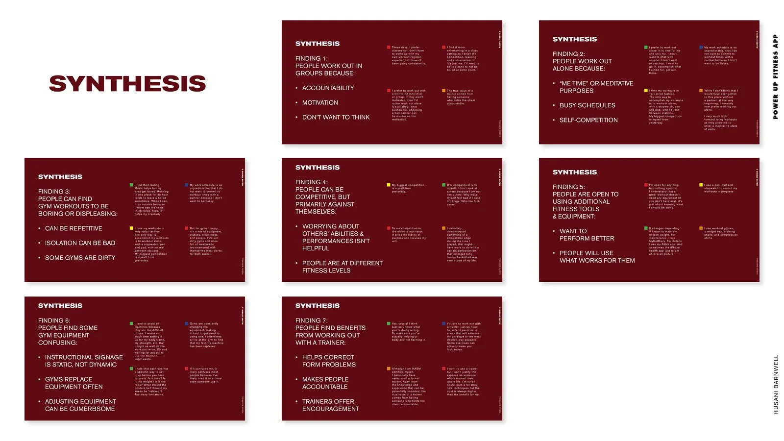 POWER UP Fitness product design: synthesis slide of seven research finding cards on group workouts, solo training, competitiveness and trainers