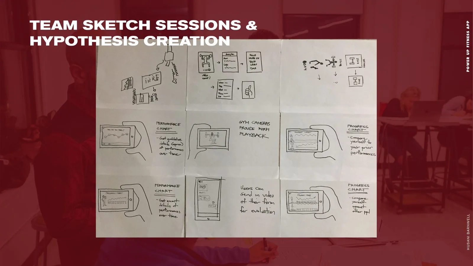 POWER UP Fitness product design: team sketch session photo with nine app concept sketches including performance charts and form playback