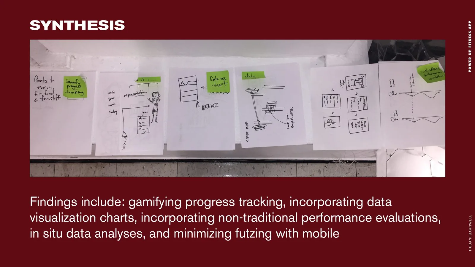 POWER UP Fitness product design: synthesis slide of concept sketches with findings on gamified tracking and data visualization