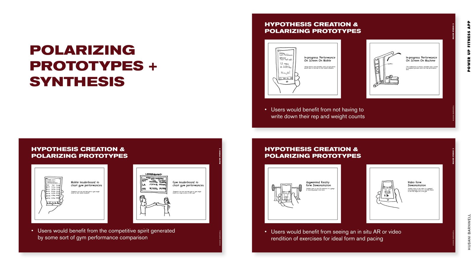 POWER UP Fitness product design: polarizing prototypes slide with sketched hypothesis cards for tracking, leaderboards and form demos