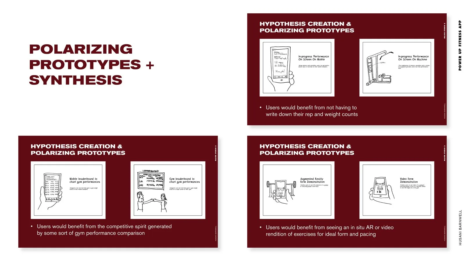 POWER UP Fitness product design: polarizing prototypes slide with sketched hypothesis cards for tracking, leaderboards and form demos