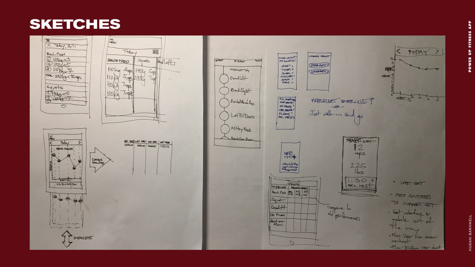 POWER UP Fitness product design: pen-and-paper wireframe sketches for logging sets, choosing exercises and charting progress