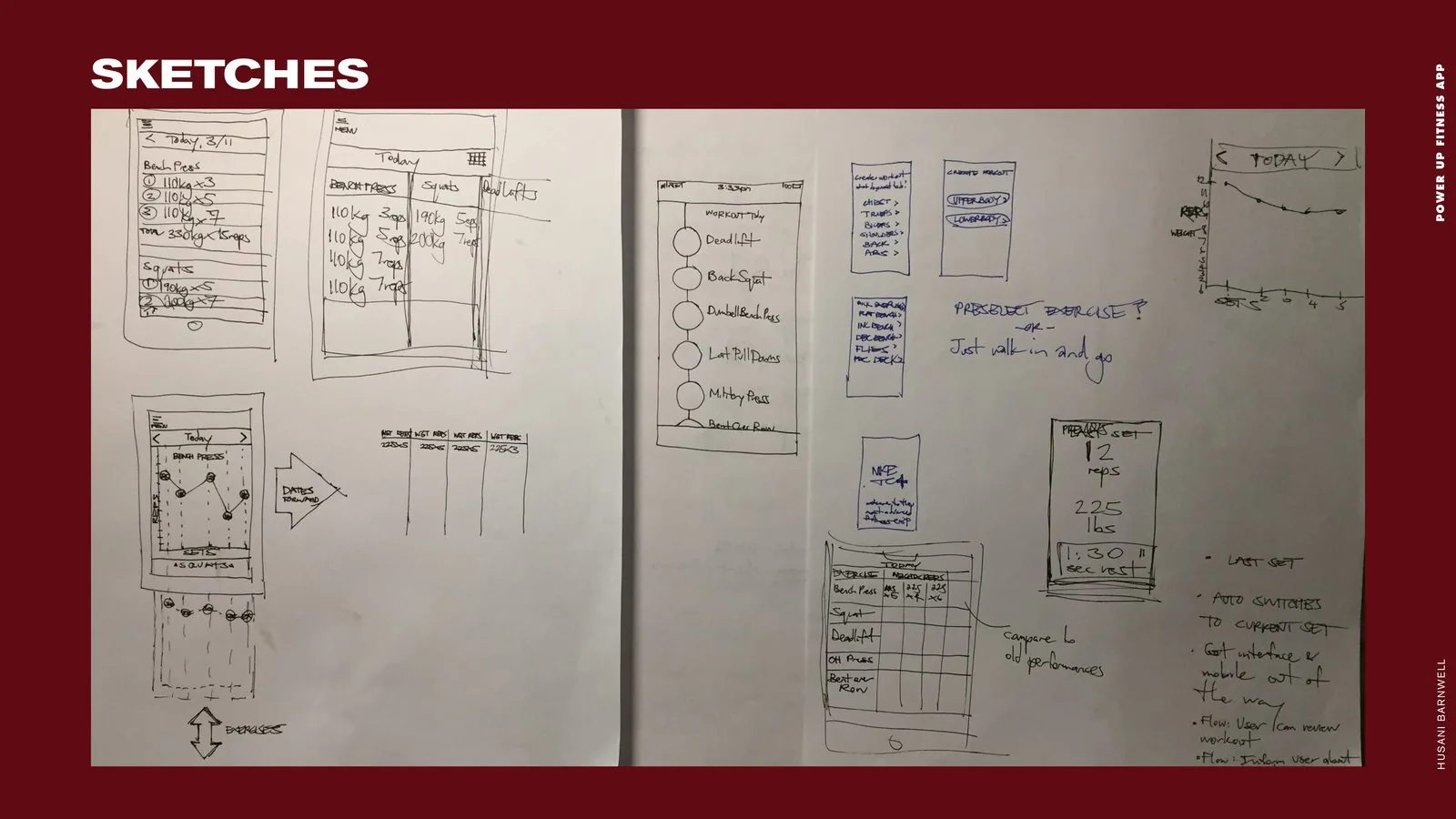 POWER UP Fitness product design: pen-and-paper wireframe sketches for logging sets, choosing exercises and charting progress