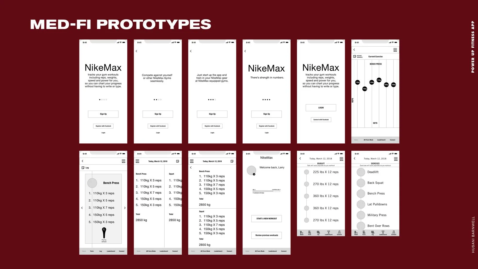 POWER UP Fitness product design: med-fi grayscale prototype screens for onboarding, workout logs and auto-populating exercises