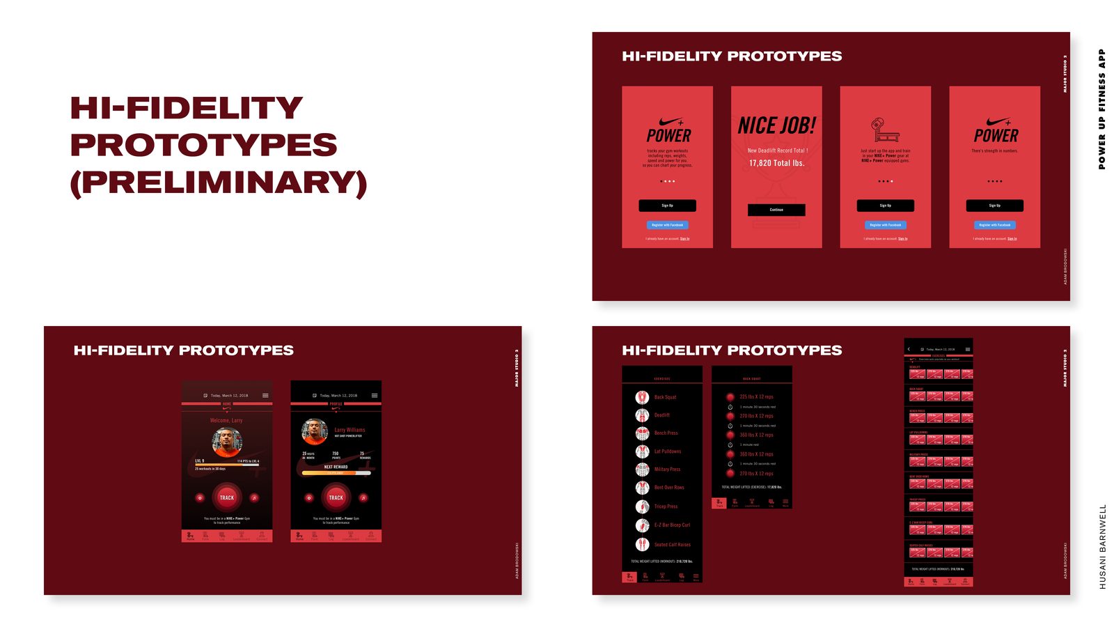 POWER UP Fitness product design: preliminary hi-fidelity prototype screens in red and black
