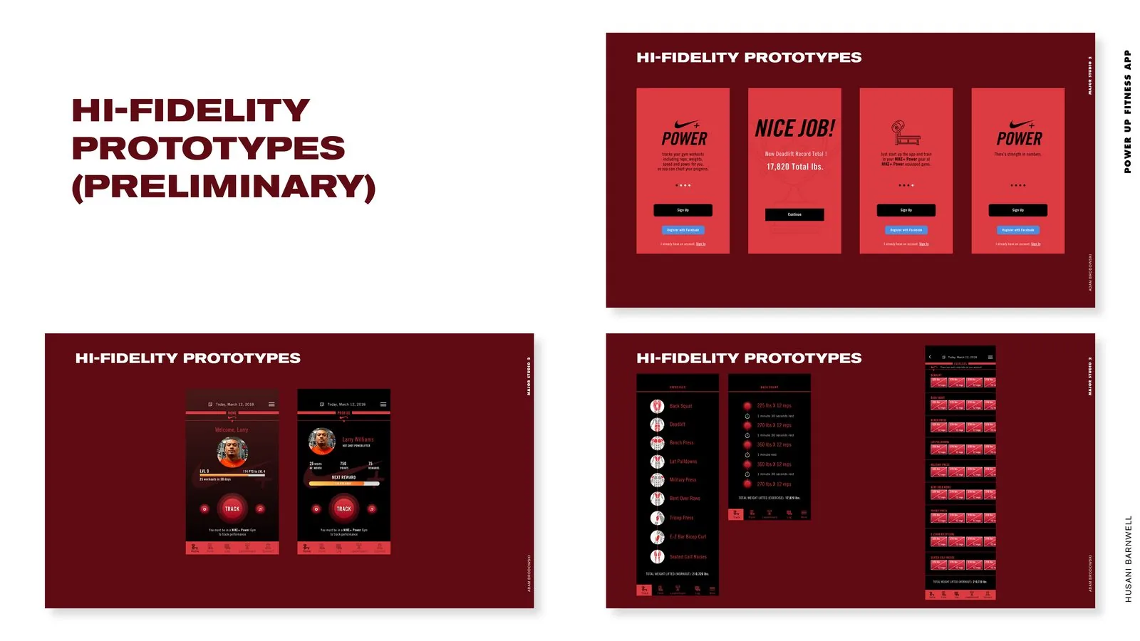 POWER UP Fitness product design: preliminary hi-fidelity prototype screens in red and black
