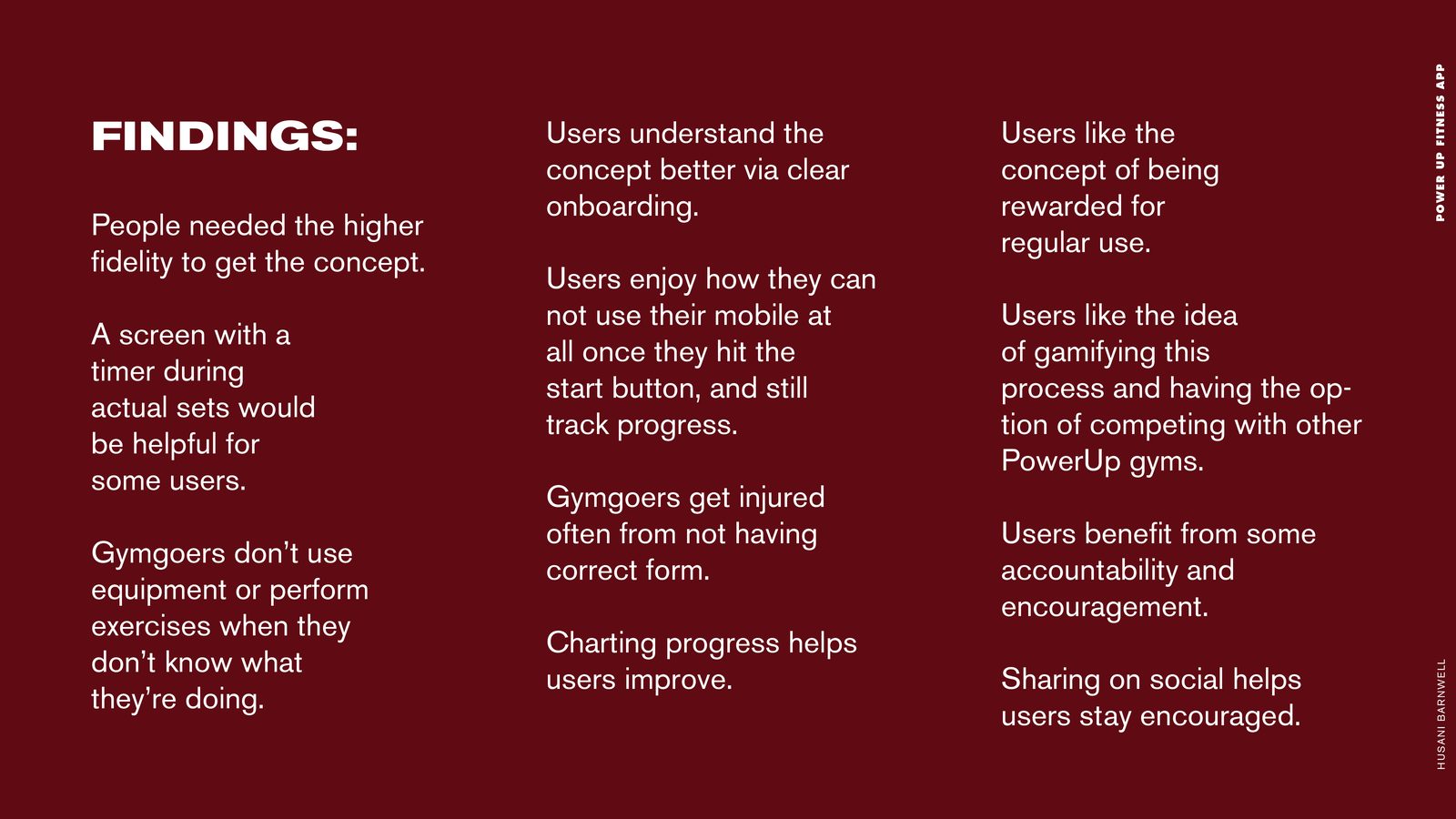 POWER UP Fitness product design: user testing findings slide on onboarding, timers, form guidance, rewards and sharing