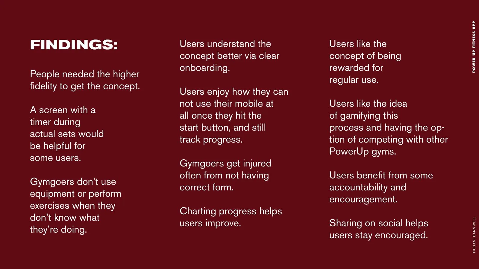 POWER UP Fitness product design: user testing findings slide on onboarding, timers, form guidance, rewards and sharing