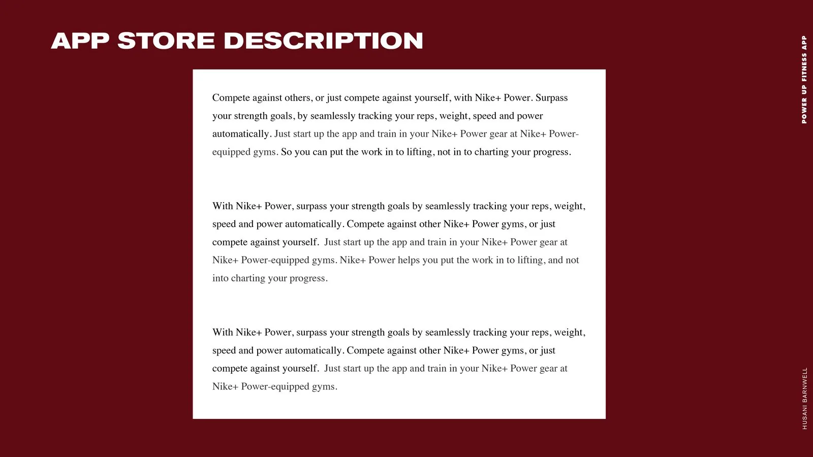 POWER UP Fitness product design: App Store description slide with three drafts of the tracking and competition pitch copy