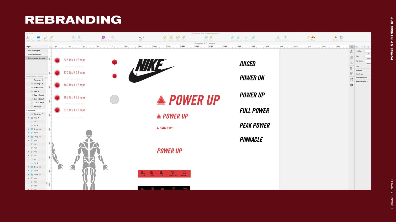 POWER UP Fitness product design: rebranding artboard with naming candidates and POWER UP logo lockups