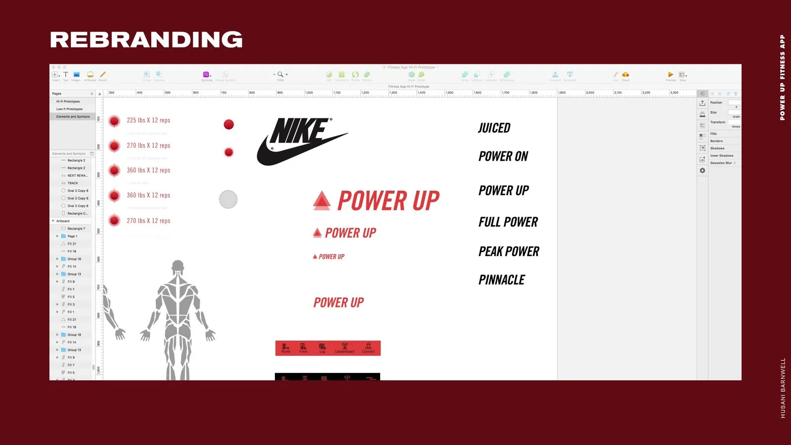 POWER UP Fitness product design: rebranding artboard with naming candidates and POWER UP logo lockups