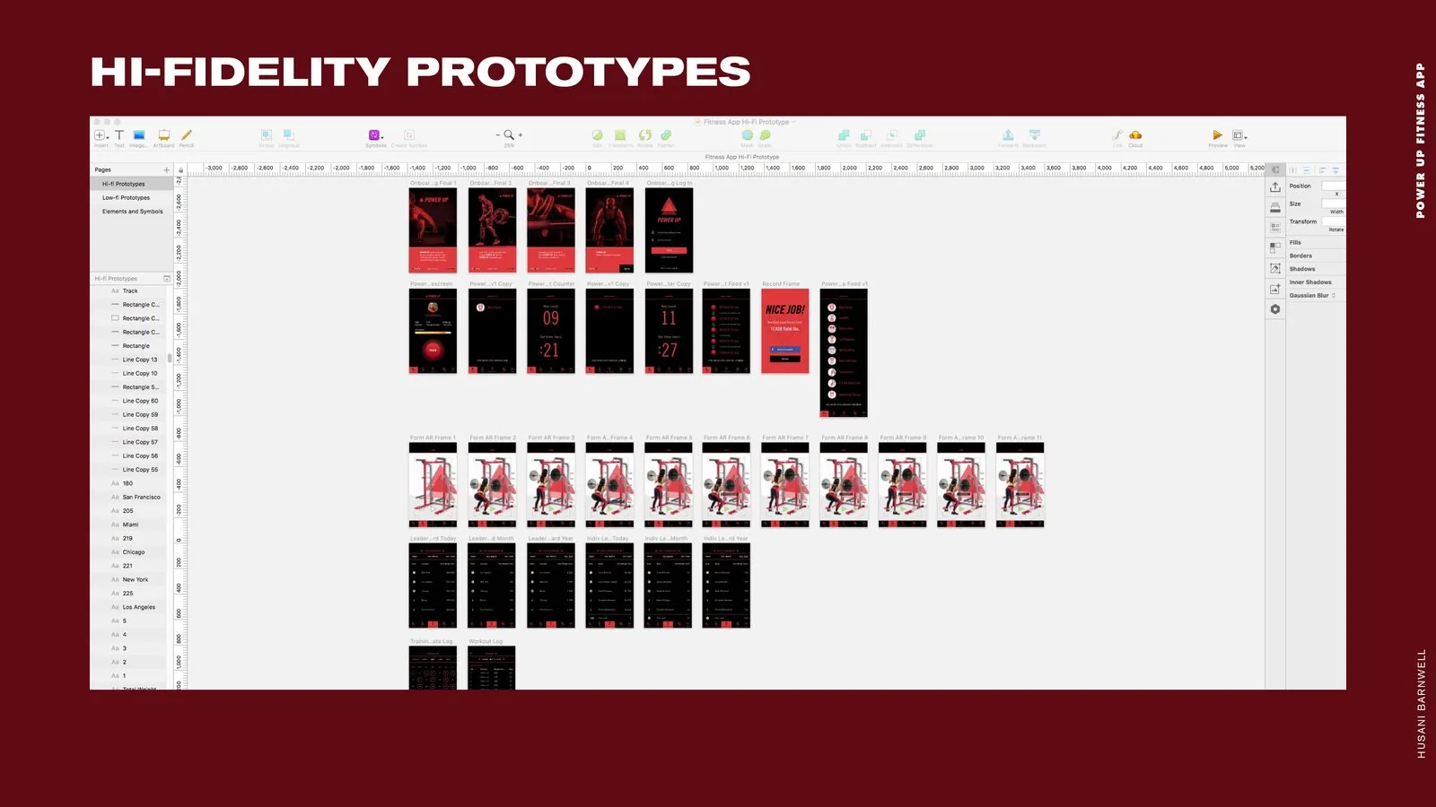 POWER UP Fitness product design: hi-fidelity prototype artboard overview showing every app frame in the design tool
