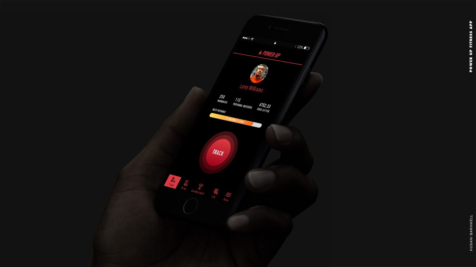 POWER UP Fitness product design: final home screen in hand with profile stats and the red Track button