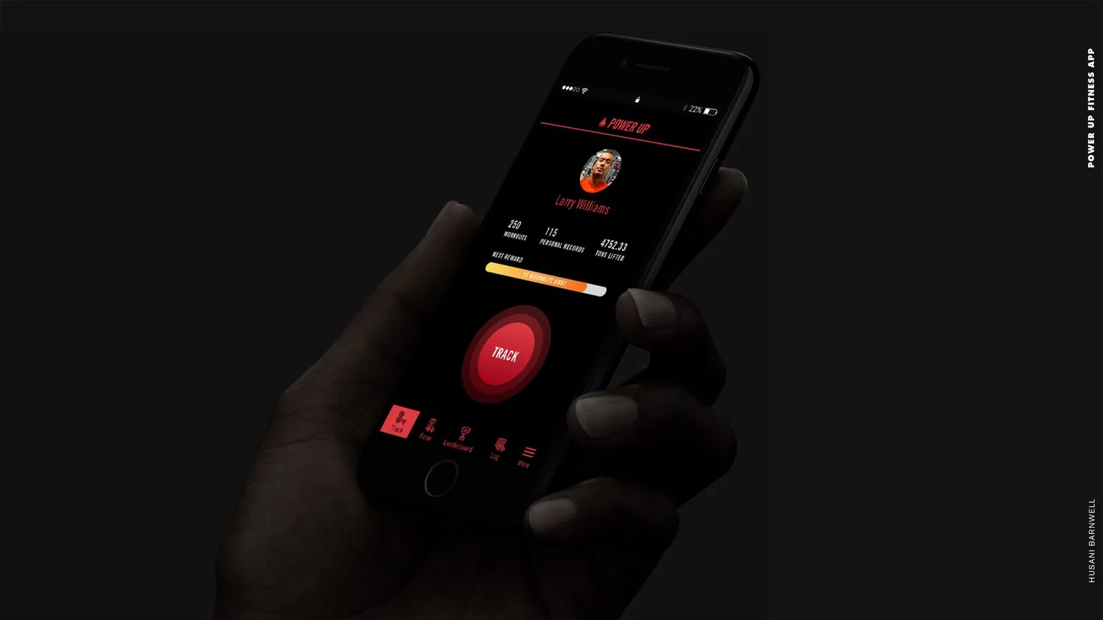 POWER UP Fitness product design: final home screen in hand with profile stats and the red Track button