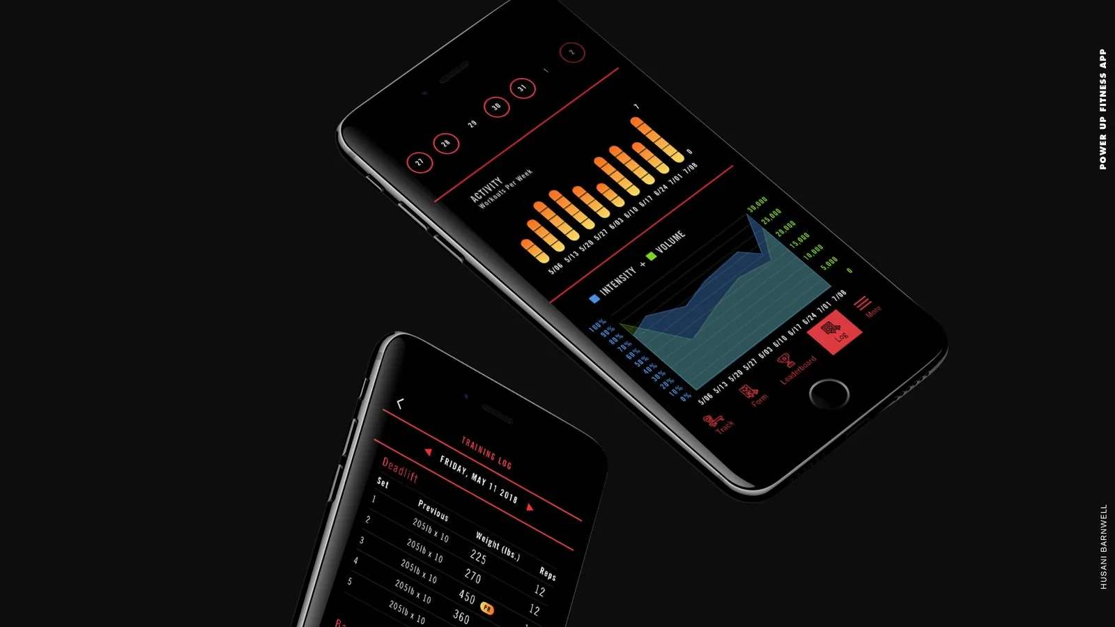 POWER UP Fitness product design: final data screens with activity and intensity charts beside a deadlift training log