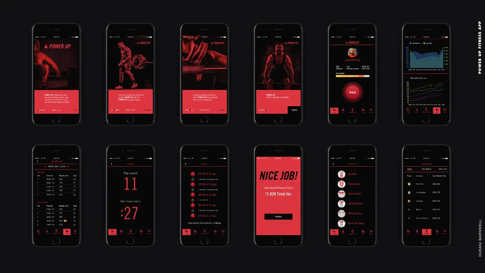 POWER UP Fitness product design: grid of twelve final app screens spanning onboarding, tracking, records, exercises and leaderboards