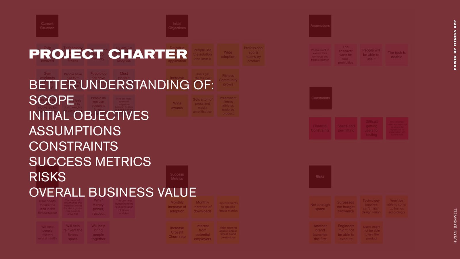POWER UP Fitness product design: project charter slide listing scope, objectives, assumptions, constraints, success metrics, risks and business value