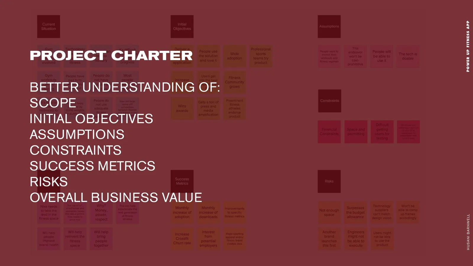 POWER UP Fitness product design: project charter slide listing scope, objectives, assumptions, constraints, success metrics, risks and business value