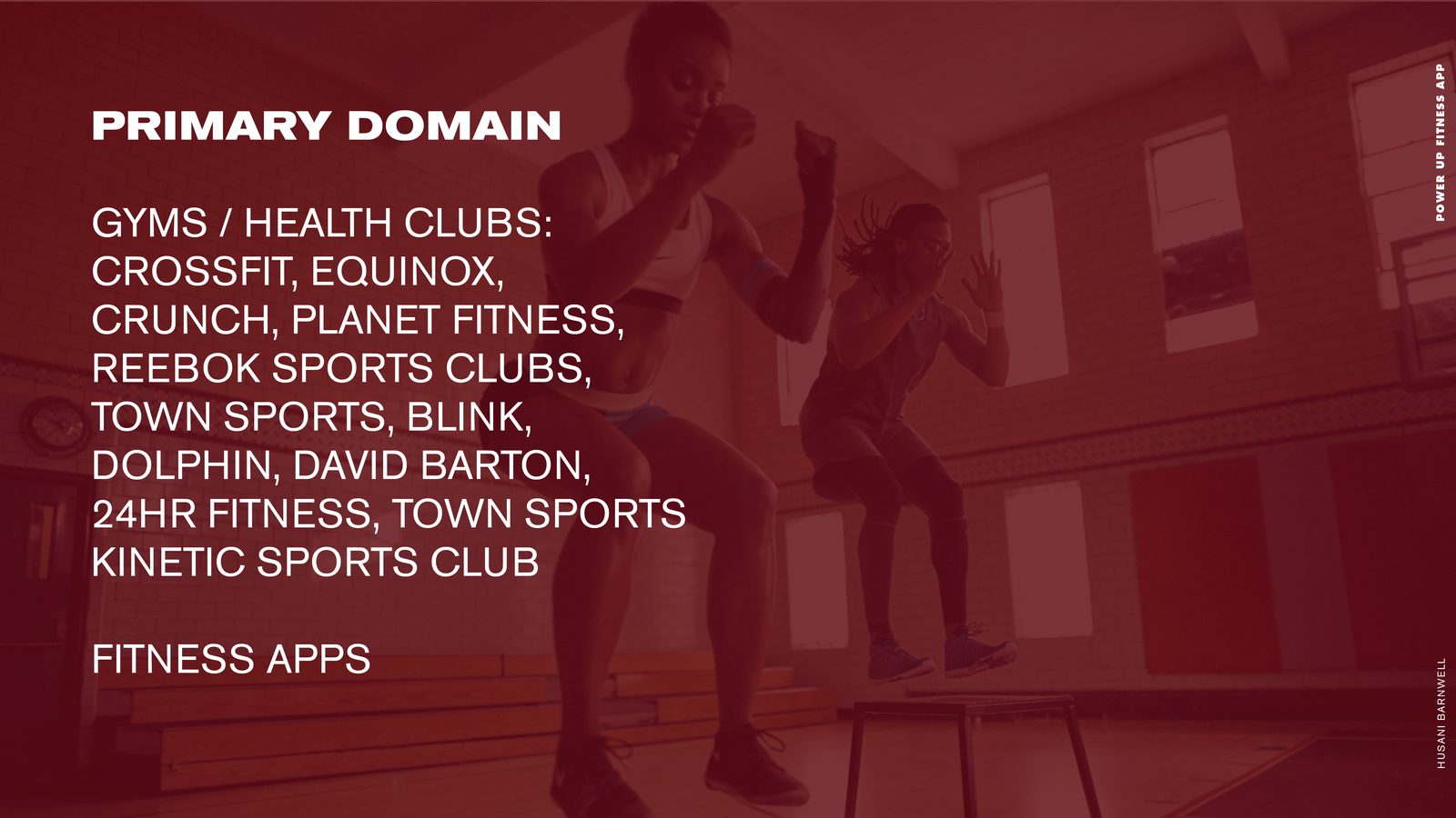 POWER UP Fitness product design: primary domain slide listing gyms and health clubs plus fitness apps