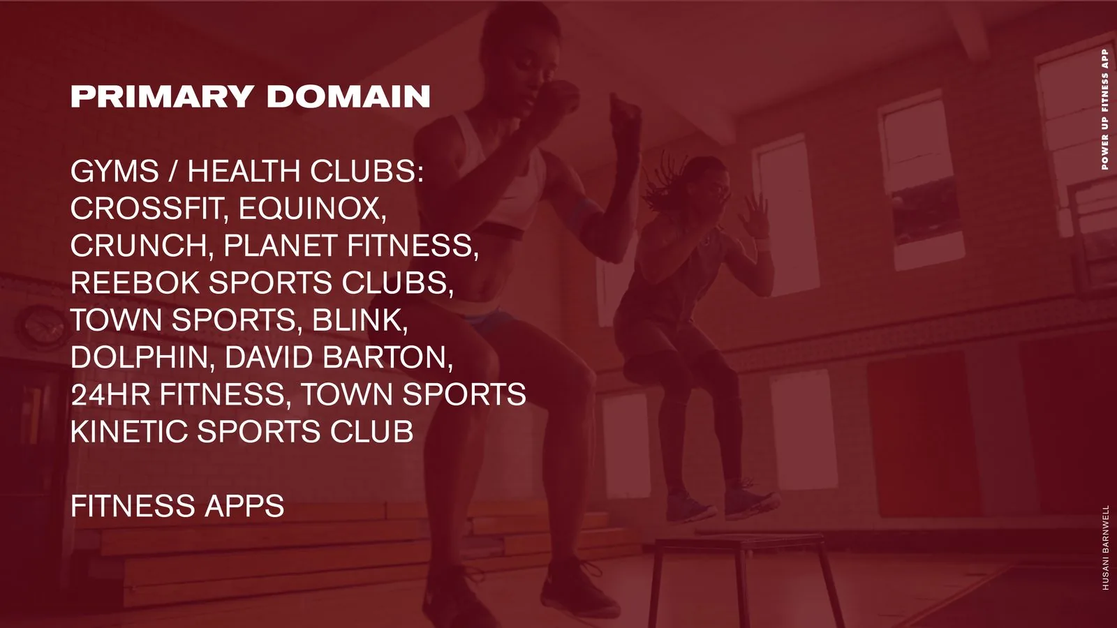 POWER UP Fitness product design: primary domain slide listing gyms and health clubs plus fitness apps
