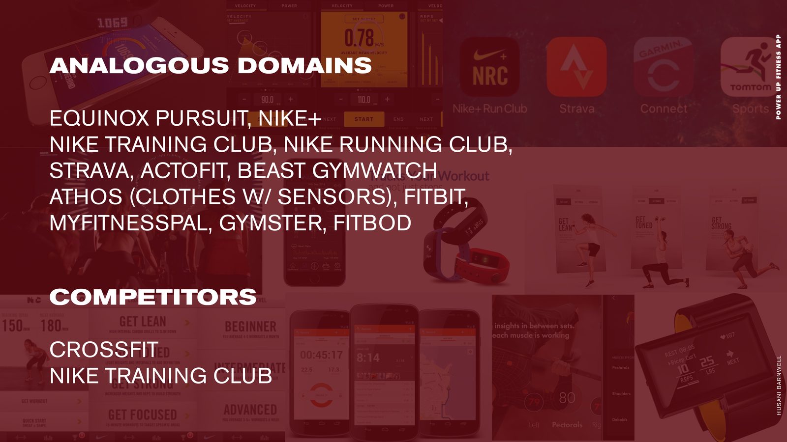 POWER UP Fitness product design: analogous domains and competitors slide covering fitness apps and wearables