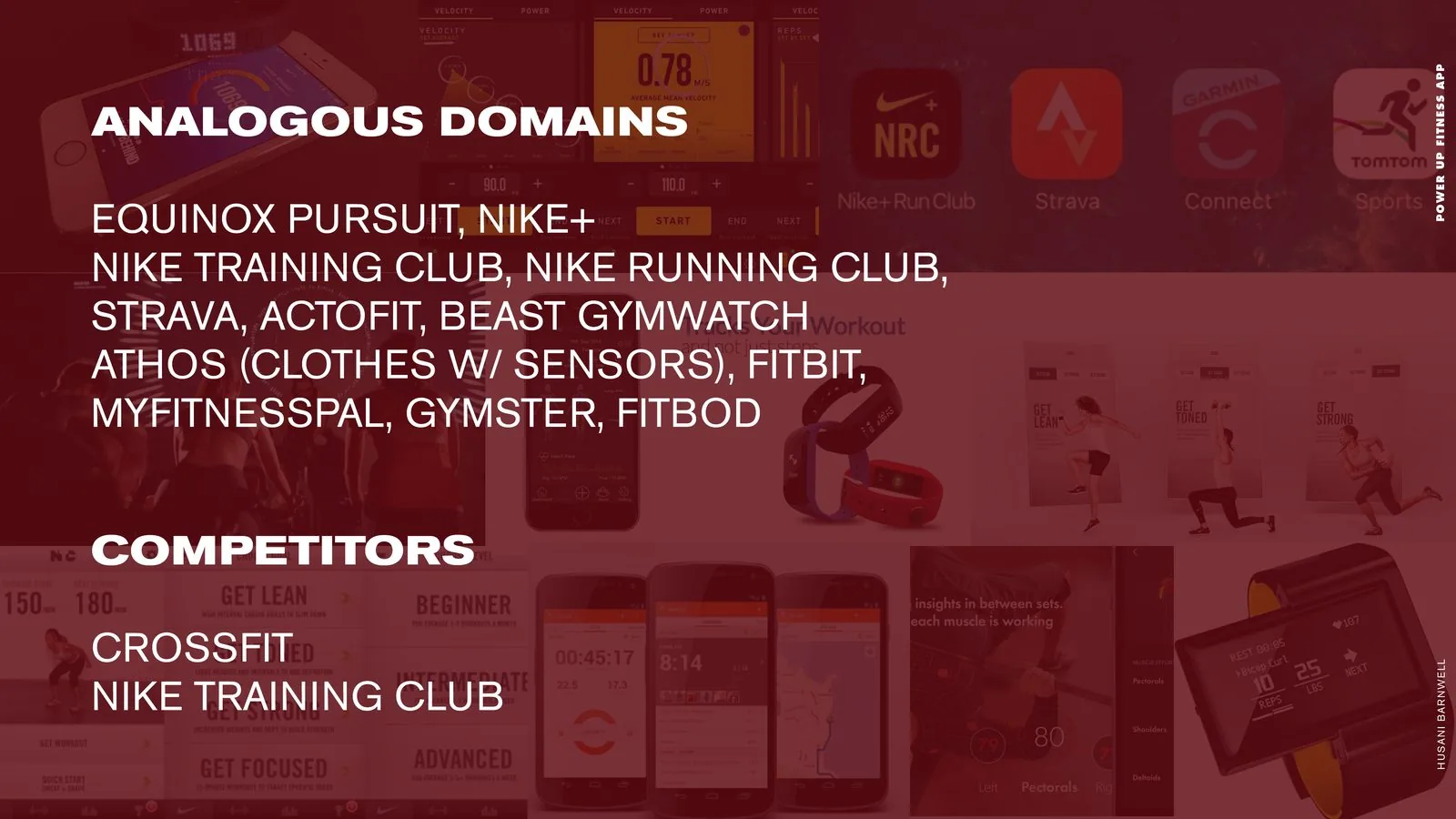 POWER UP Fitness product design: analogous domains and competitors slide covering fitness apps and wearables