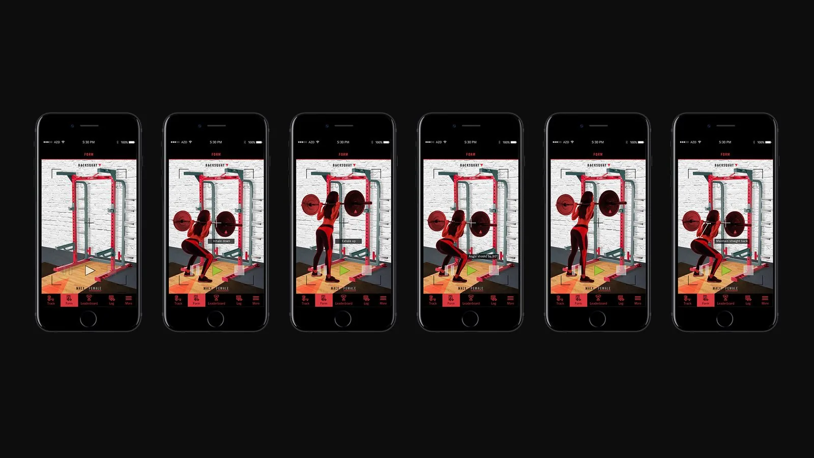 POWER UP Fitness product design: six AR form screens stepping through a 360-degree back squat demonstration with on-screen coaching cues