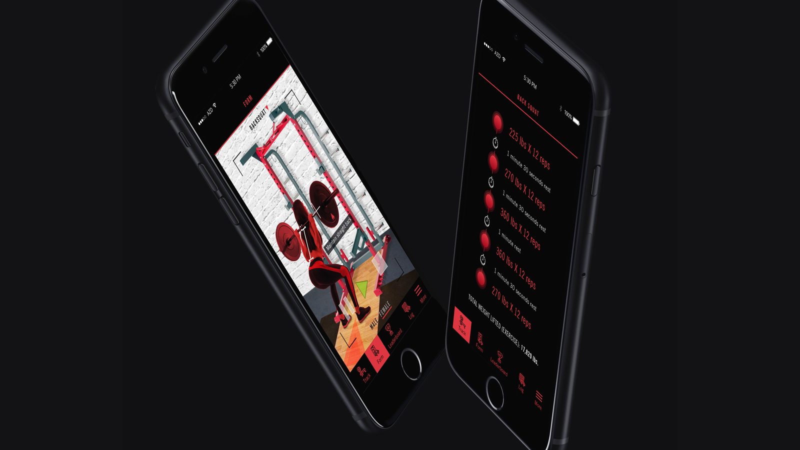 POWER UP Fitness product design: two phones showing an AR back squat form demo and a back squat set-tracking screen