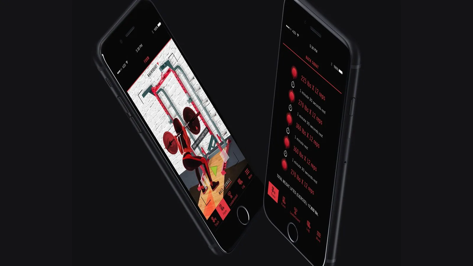 POWER UP Fitness product design: two phones showing an AR back squat form demo and a back squat set-tracking screen