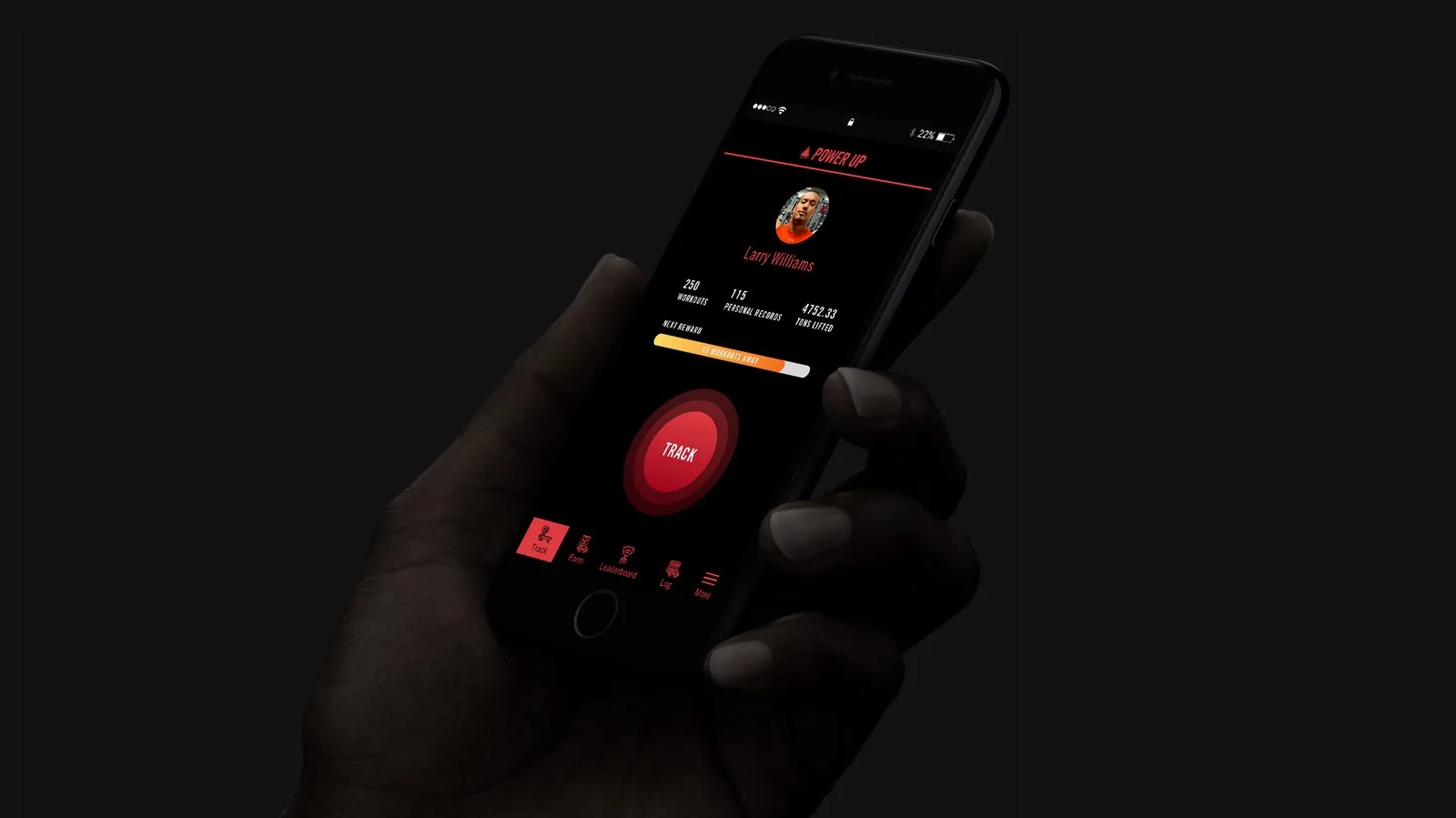 POWER UP Fitness product design: app home screen in hand with stats for workouts, personal records and tons lifted, and a red Track button