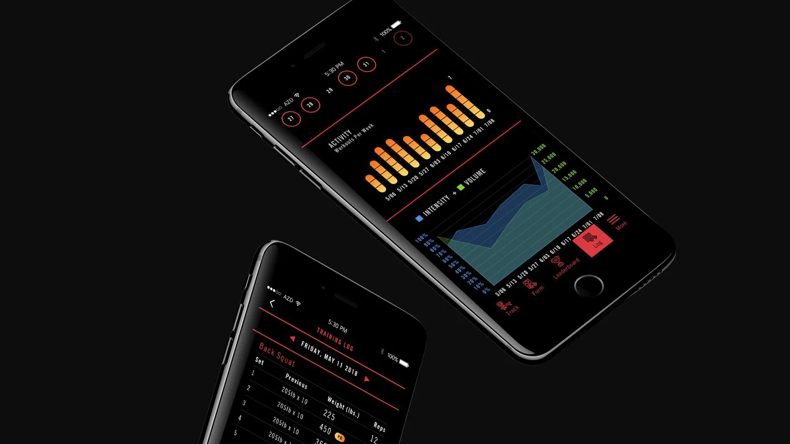 POWER UP Fitness product design: log mockups with weekly activity bars, an intensity and volume chart, and a back squat training log