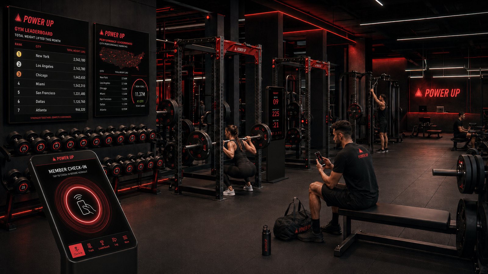 POWER UP Fitness connected gym: interior of a POWER UP smart gym with wall-mounted city leaderboards, a member check-in kiosk, sensor-equipped squat racks showing live reps and weight, and athletes training in POWER UP gear