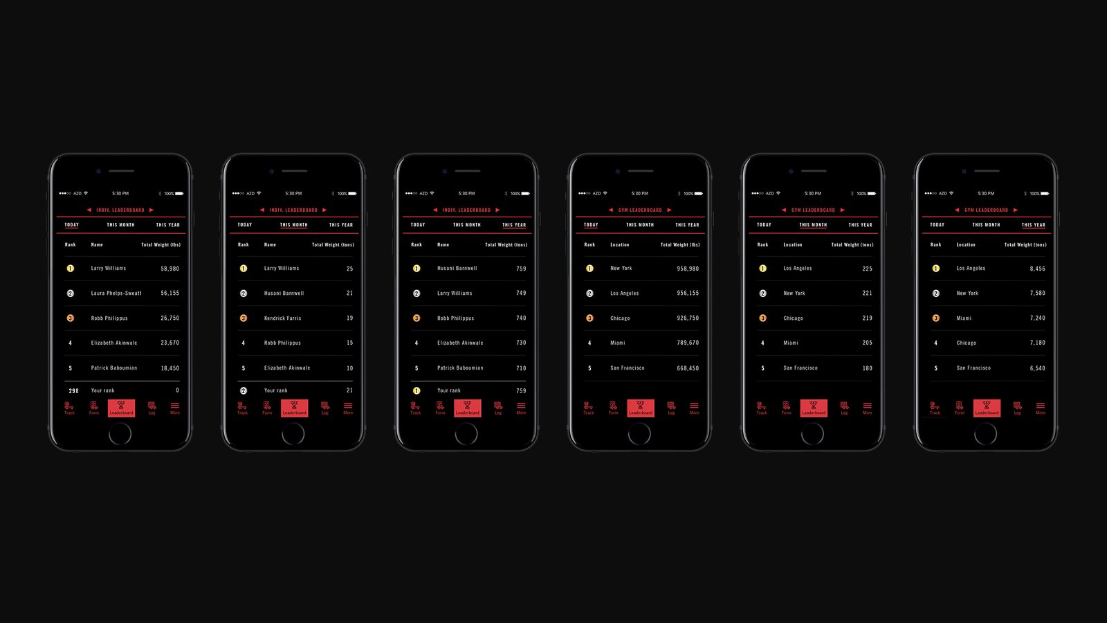 POWER UP Fitness product design: six leaderboard screens ranking individuals and gyms by total weight lifted today, this month and this year
