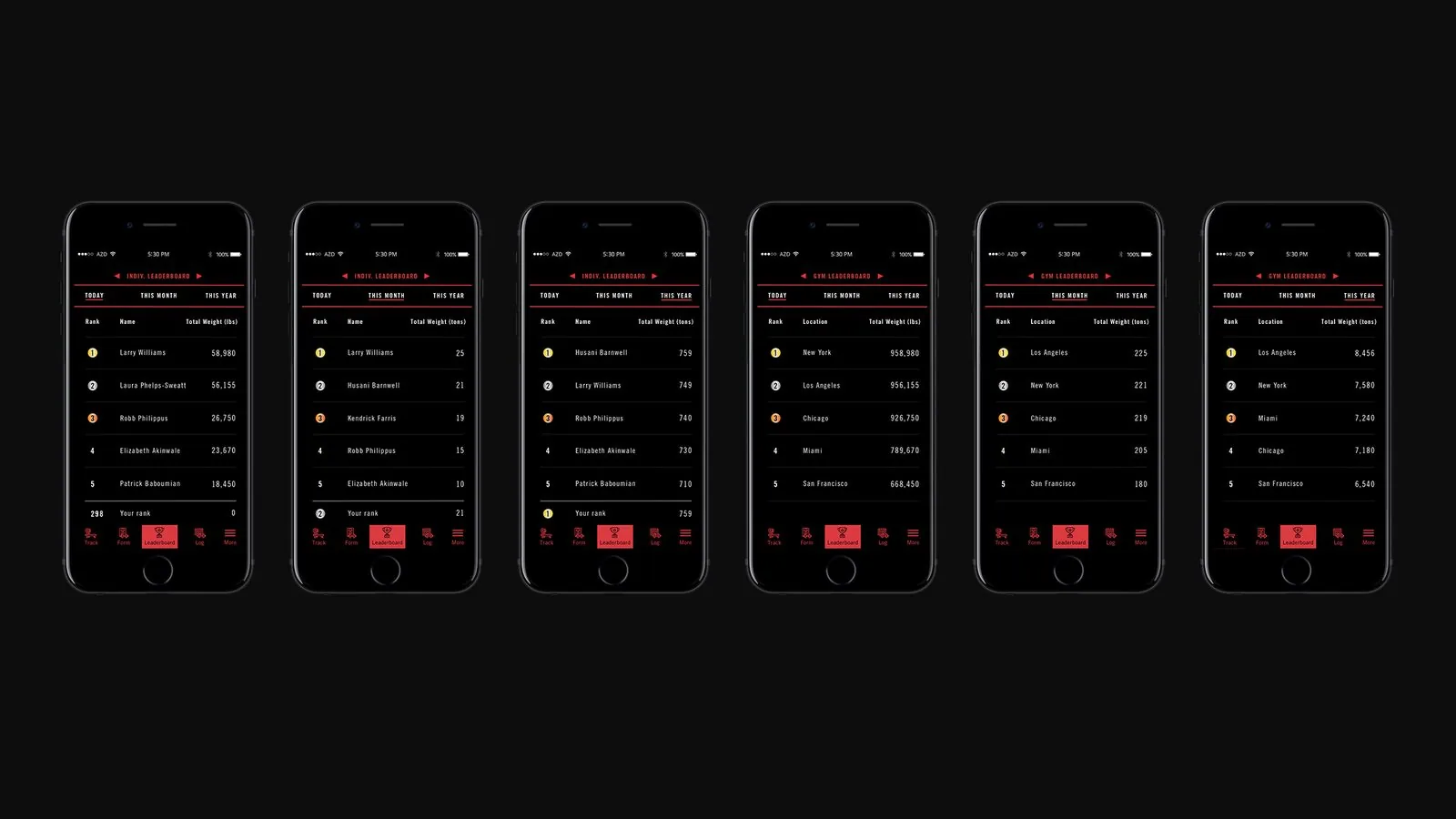 POWER UP Fitness product design: six leaderboard screens ranking individuals and gyms by total weight lifted today, this month and this year