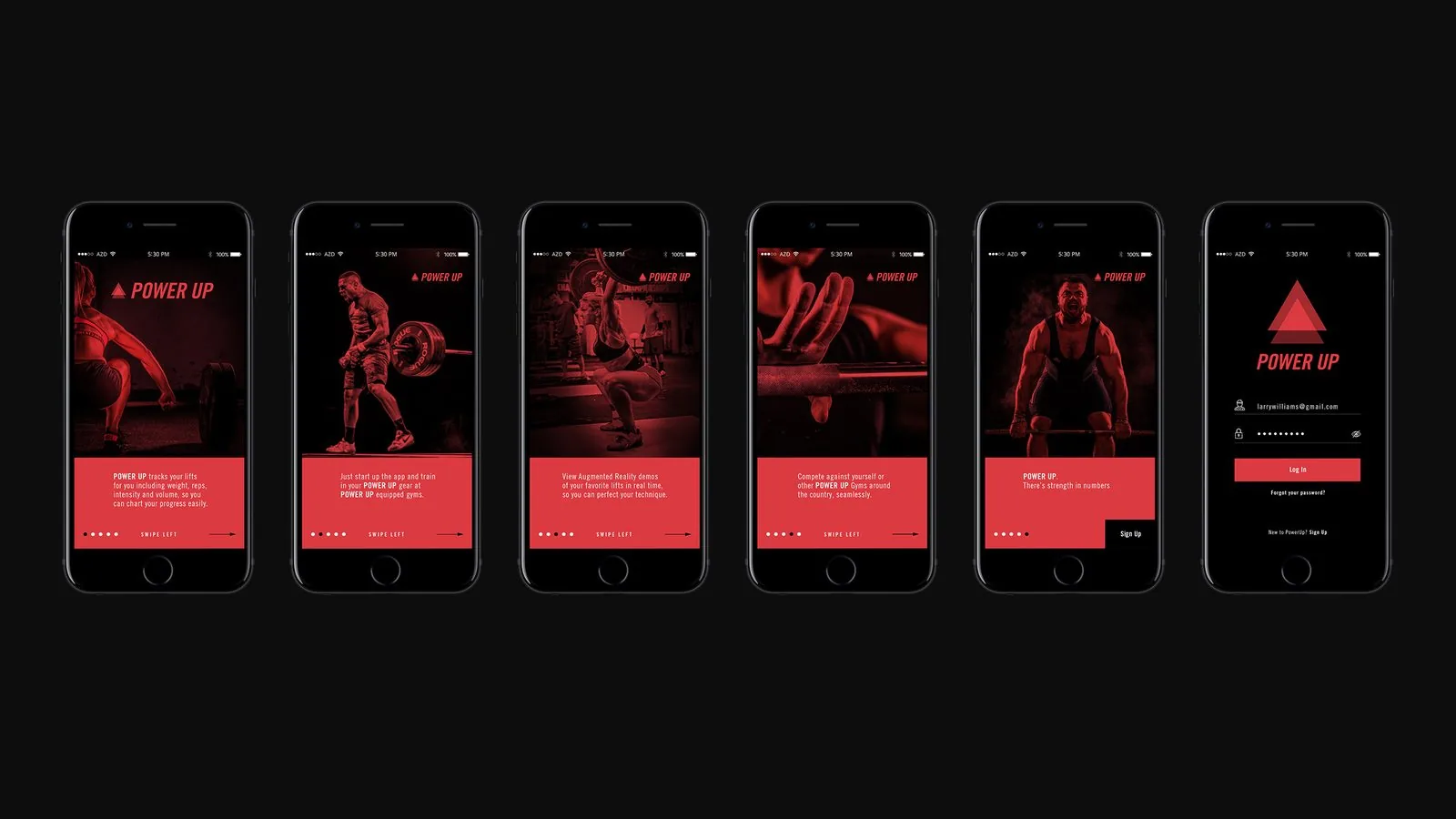 POWER UP Fitness product design: six onboarding screens introducing tracking, AR form demos and gym-versus-gym competition, ending in a log-in screen