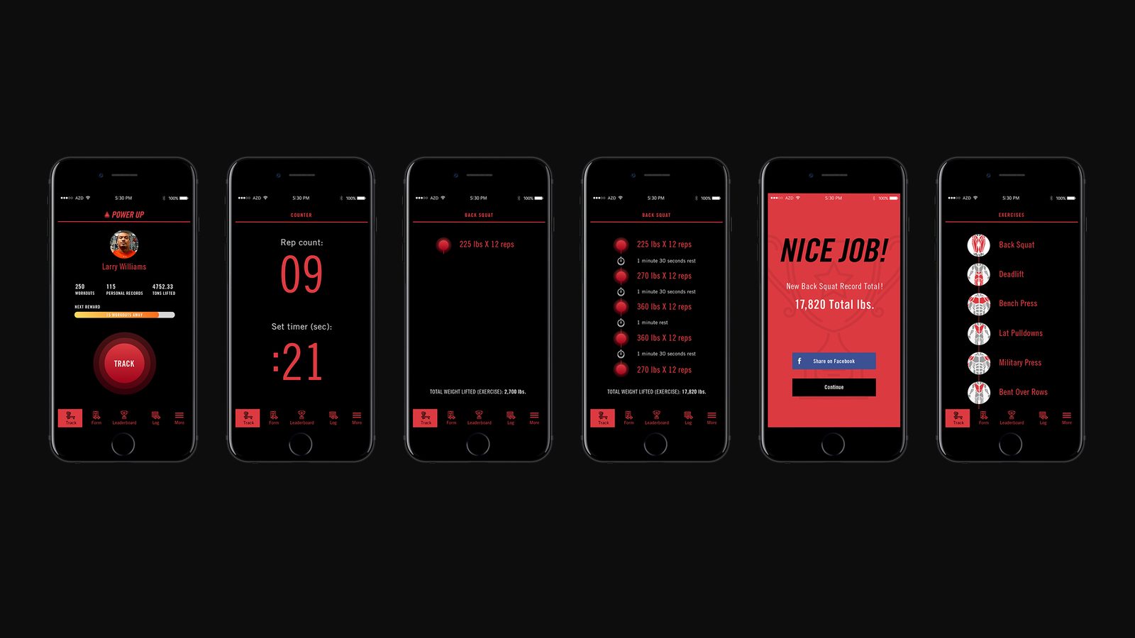 POWER UP Fitness product design: six tracking screens with rep counter, set timer, logged back squat sets, a new record alert and an exercise list