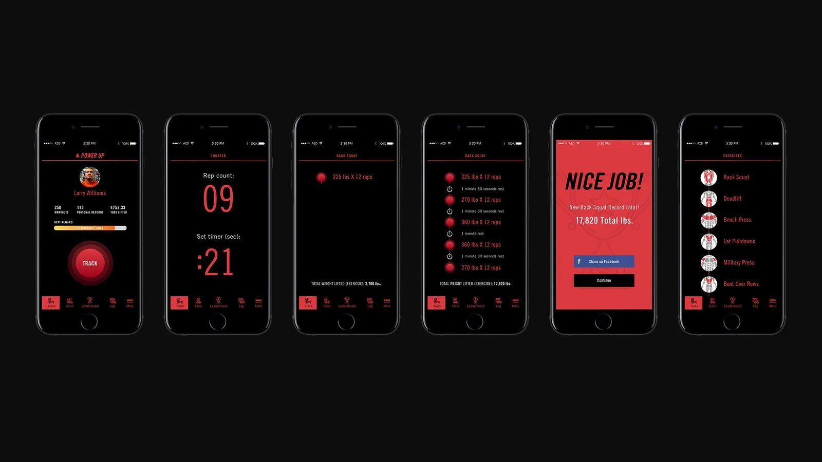POWER UP Fitness product design: six tracking screens with rep counter, set timer, logged back squat sets, a new record alert and an exercise list
