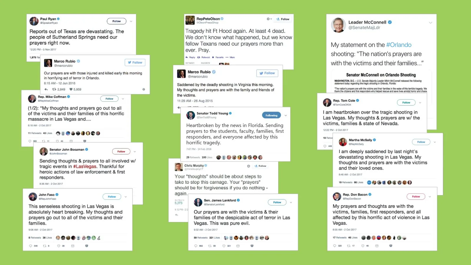 Collage of tweets from US senators and representatives offering thoughts and prayers after mass shootings, arranged on a green background