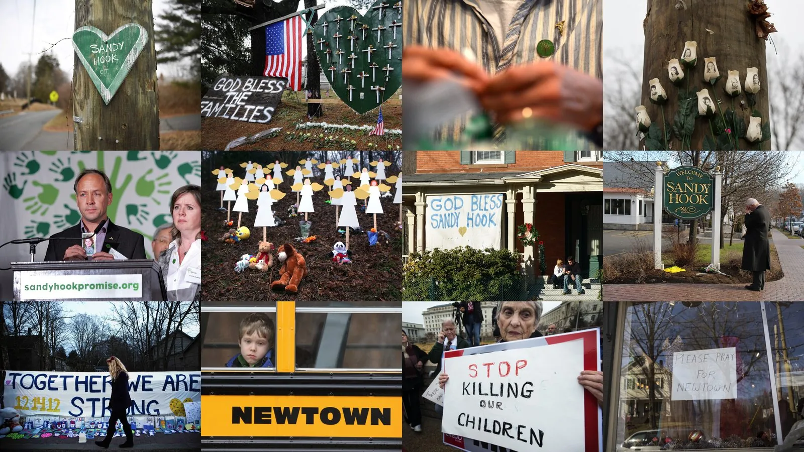 Grid of twelve news photographs from Newtown: roadside memorials, angel cutouts, a child on a Newtown school bus, the Welcome to Sandy Hook sign, and a protester holding a Stop Killing Our Children placard