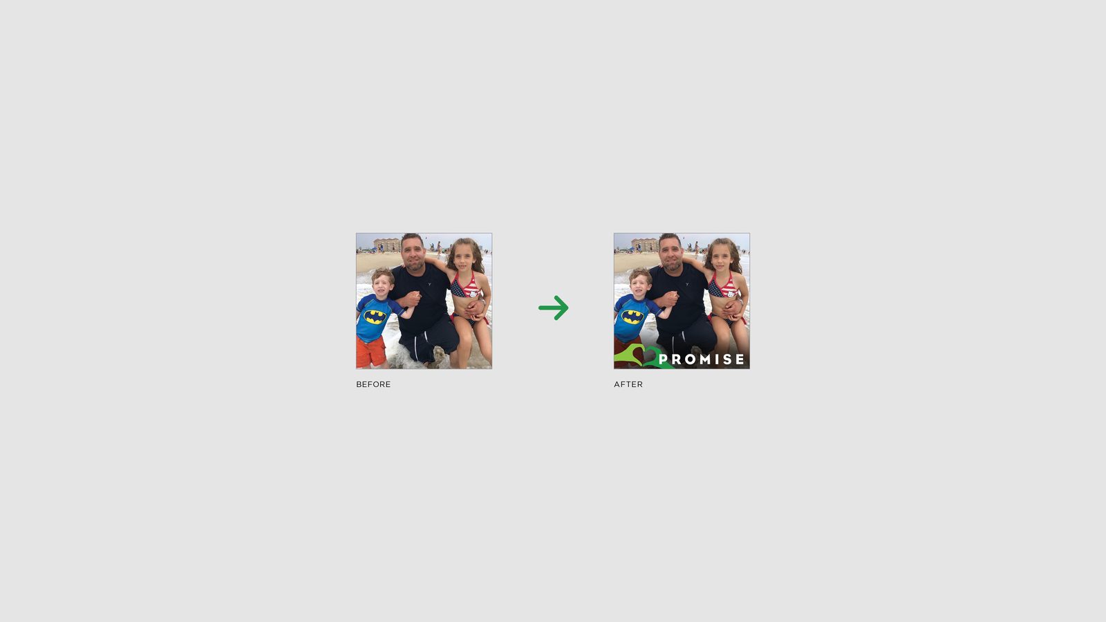 Before-and-after comparison: a family beach photo, then the same photo with the green heart-hands Promise profile filter applied