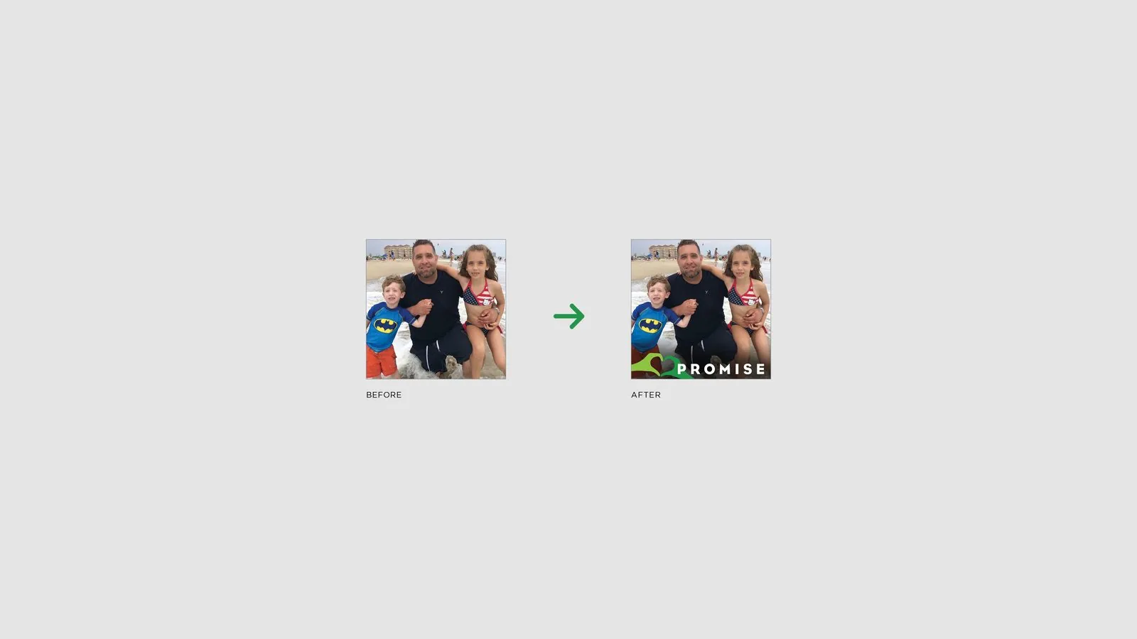 Before-and-after comparison: a family beach photo, then the same photo with the green heart-hands Promise profile filter applied